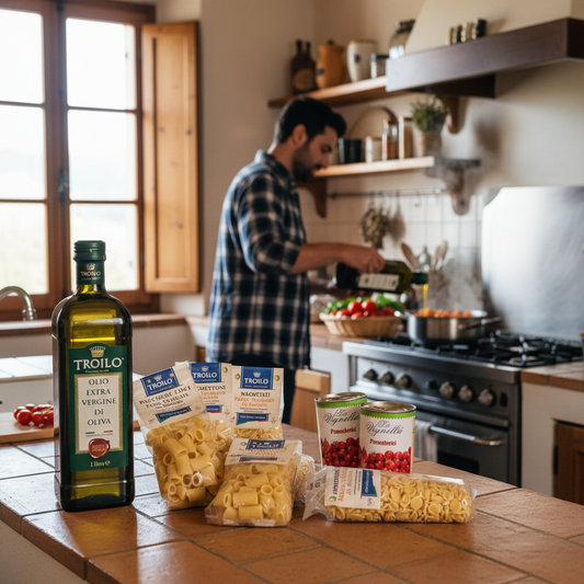 Kit Troilo – 12 Bottiglie Olio EVO 1L + 12 Pasta Artigianale + 12 Pomodorini | Spedizione Gratuita