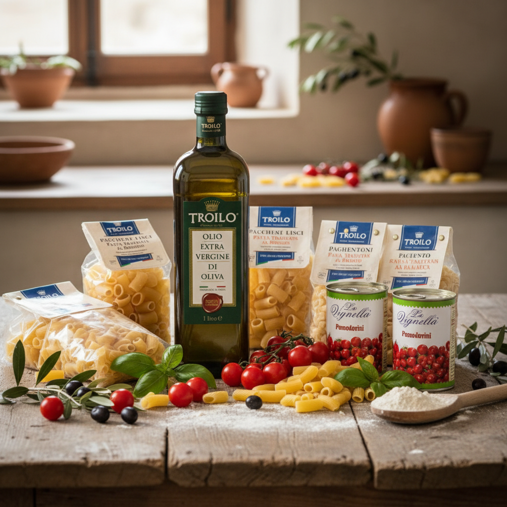 Kit Troilo – 12 Bottiglie Olio EVO 1L + 12 Pasta Artigianale + 12 Pomodorini | Spedizione Gratuita