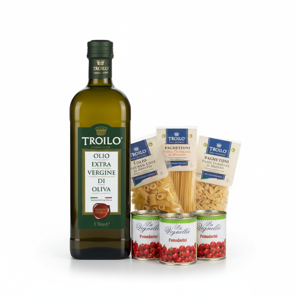 Kit Troilo – 12 Bottiglie Olio EVO 1L + 12 Pasta Artigianale + 12 Pomodorini | Spedizione Gratuita