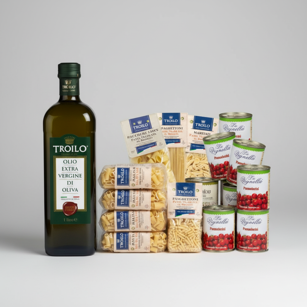 Kit Troilo – 12 Bottiglie Olio EVO 1L + 12 Pasta Artigianale + 12 Pomodorini | Spedizione Gratuita